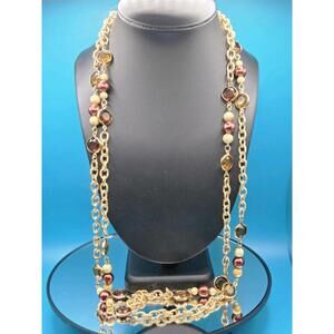 KJL Kenneth Jay Lane Gold Double Chain Necklace Brown Pearls Amber Crystals 42"